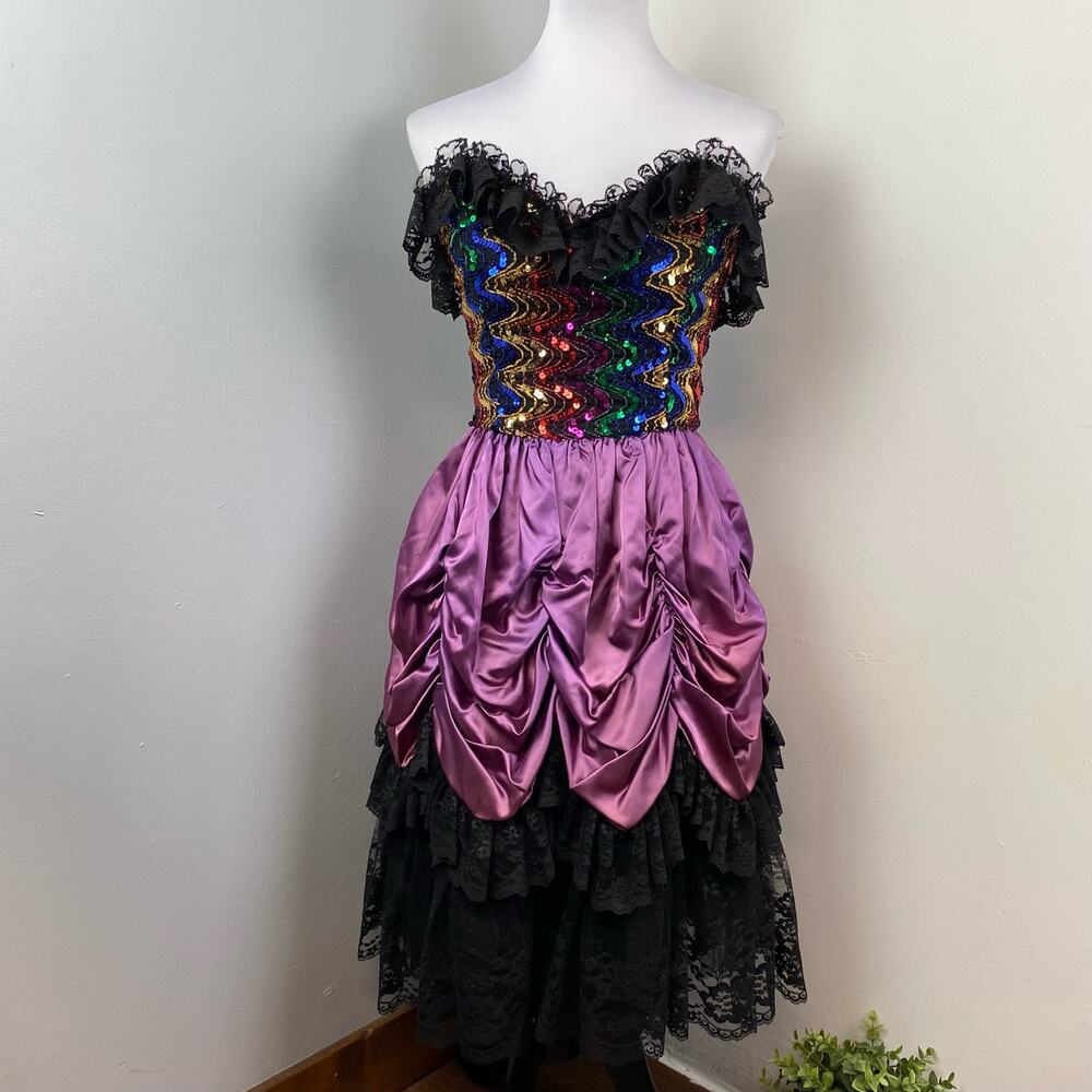 Vintage 80s Loralie Original Rainbow Sequin Lame’ Lace Saloon Girl Dress Gown XS